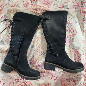 Black Lace-Up Knee-High Boots